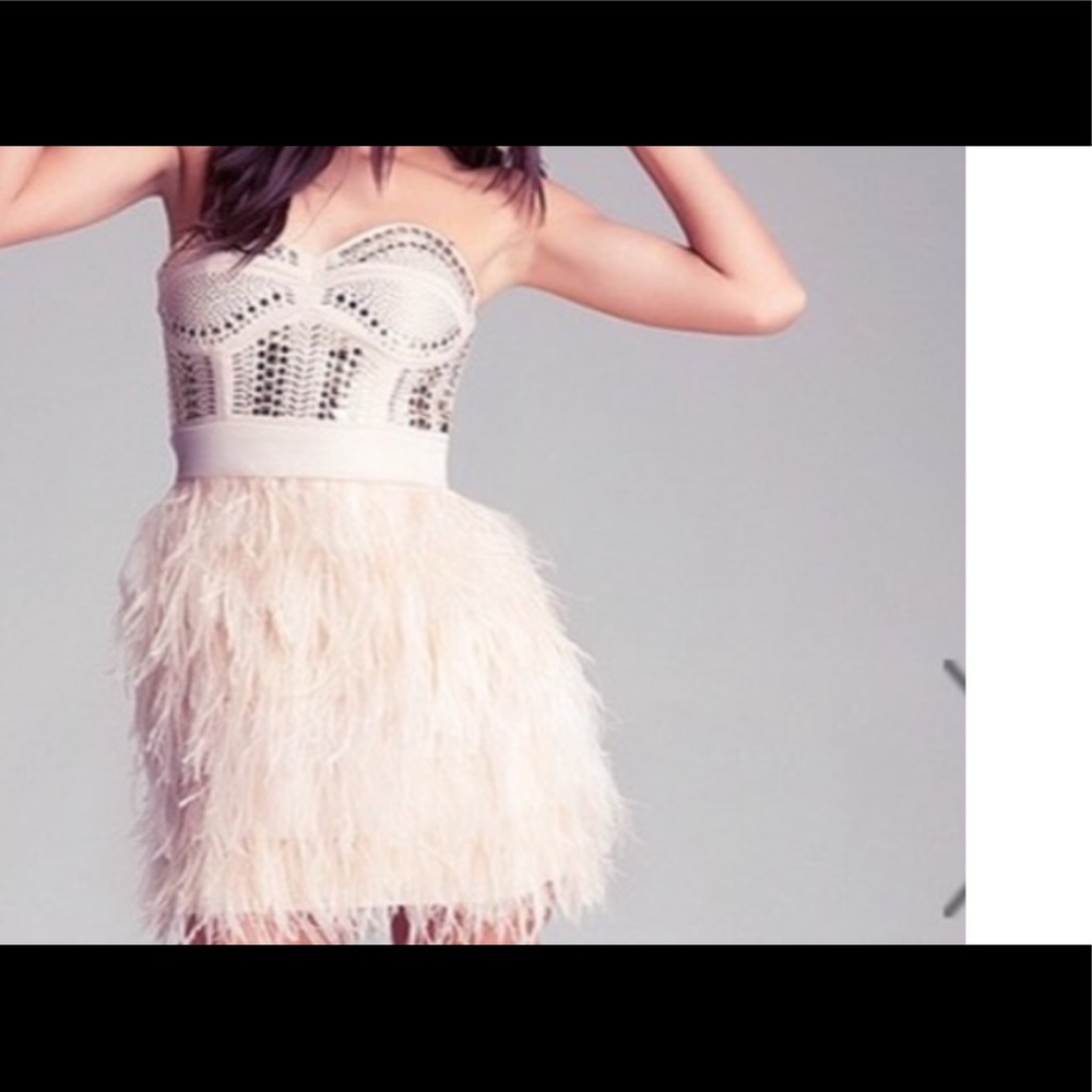 bebe Cream Feathered Mini Dress